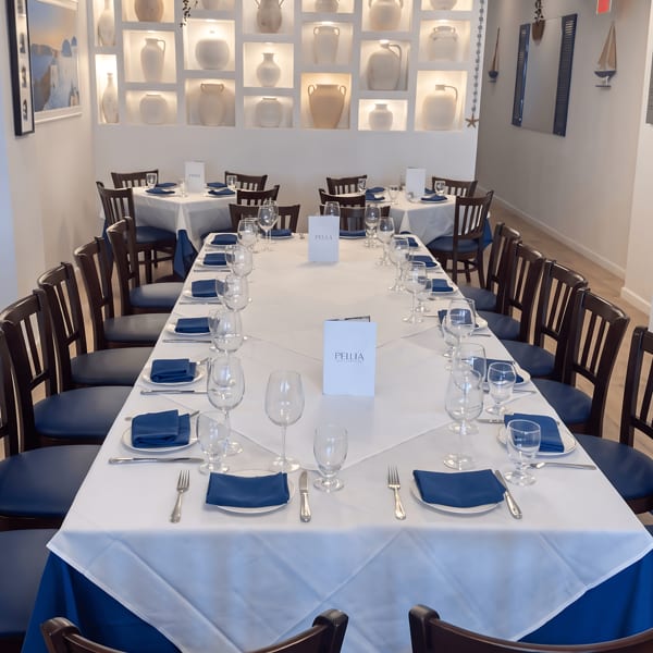 A long dining table set with white tablecloths, blue napkins, and wine glasses in a bright room.