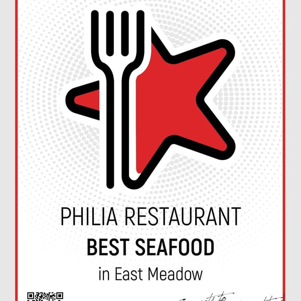 Restaurant Guru 2025 award for Philia Restaurant, Best Seafood in East Meadow.