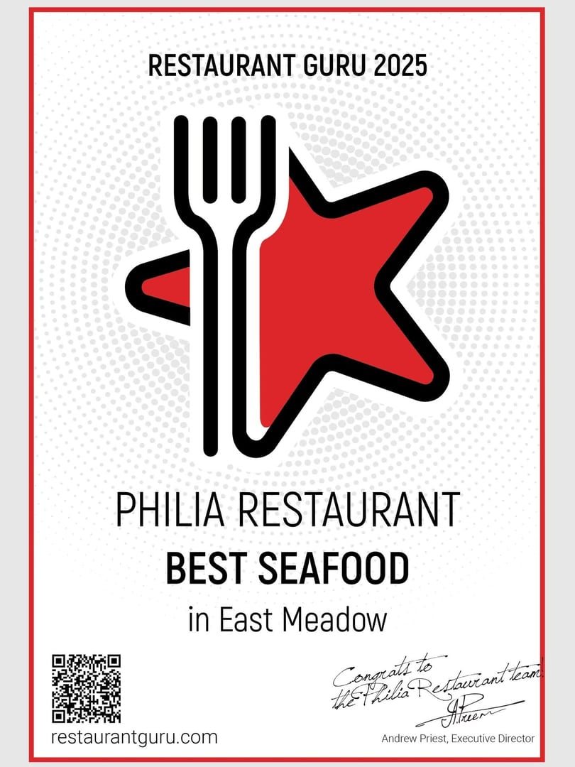 Restaurant Guru 2025 award for Philia Restaurant, Best Seafood in East Meadow.